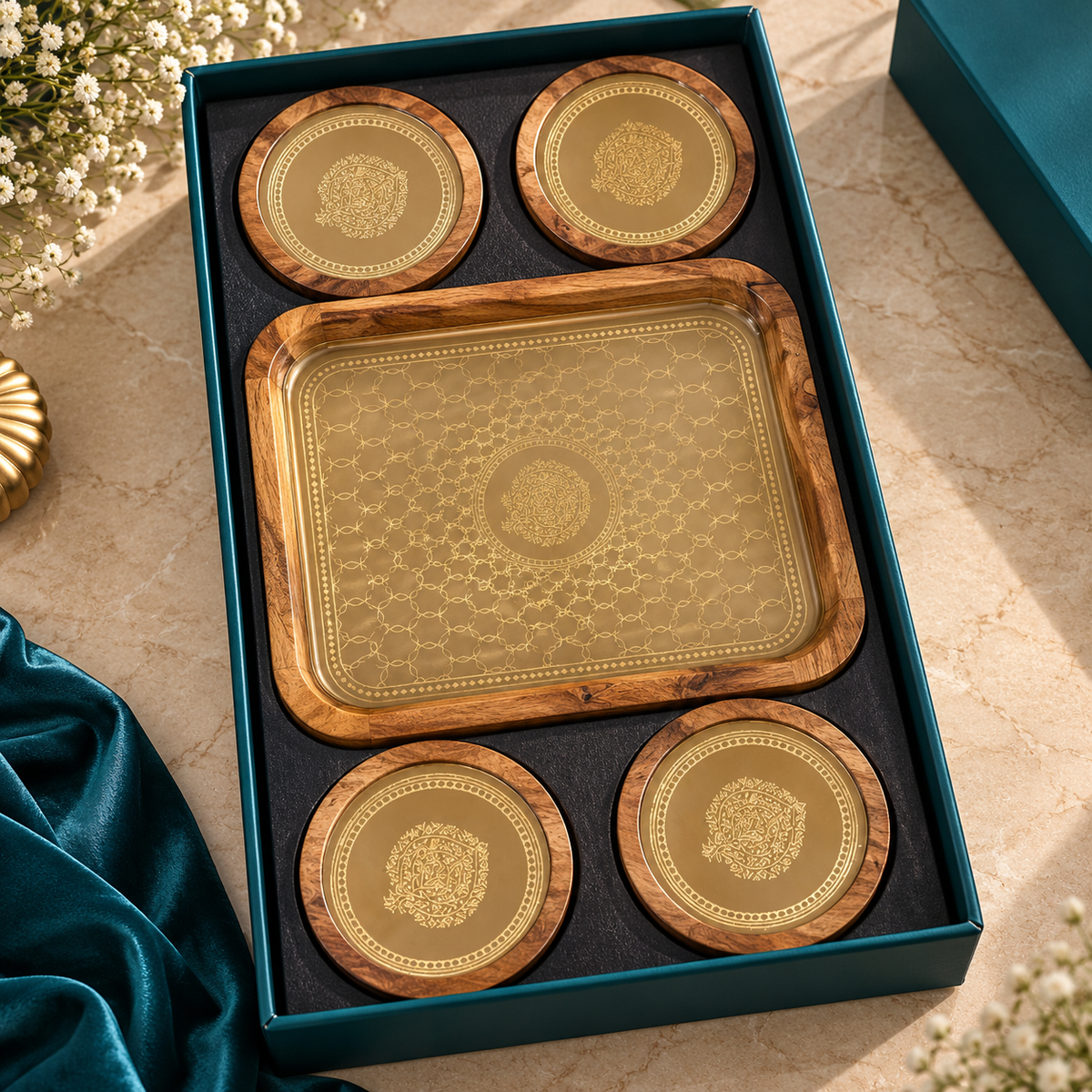 Zariya Gold & Wooden DryFruit Tray Set - of 4